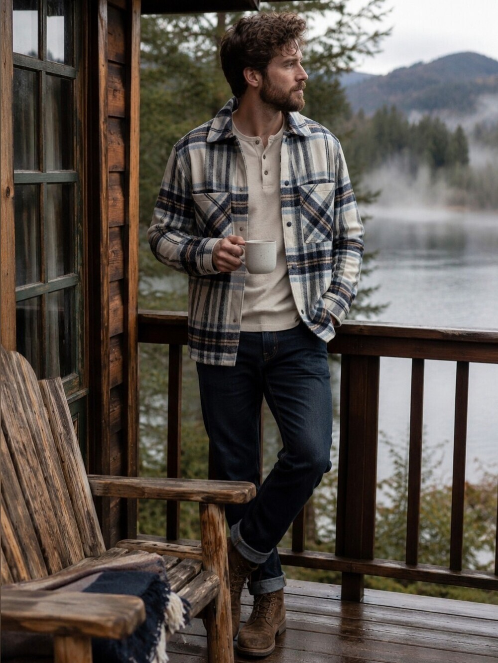 Reserved Wool Blend Plaid Shacket Overshirt Jacket Men's Medium Blue Cream